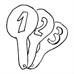 One hand-drawn card with numbers on it. Doodle vector illustration. Isolated on a white background, black and white graphics