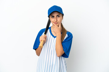 Young caucasian woman playing baseball isolated on white background thinking