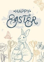 Happy easter. Vintage banner with rabbit and spring flowers
