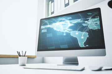 Fototapeta premium Abstract digital world map with connections on modern computer monitor, big data and blockchain concept. 3D Rendering