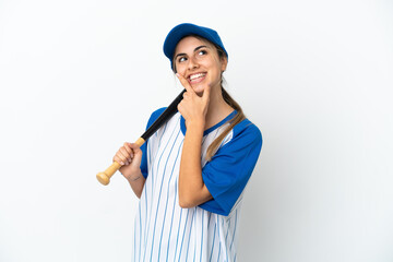 Young caucasian woman playing baseball isolated on white background happy and smiling