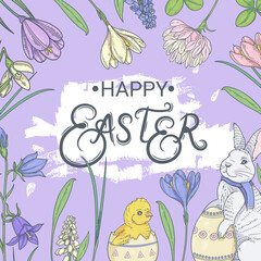 Colorful Easter greeting card. Easter flyer with bunny, chickens and flowers