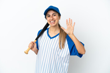 Young caucasian woman playing baseball isolated on white background counting five with fingers