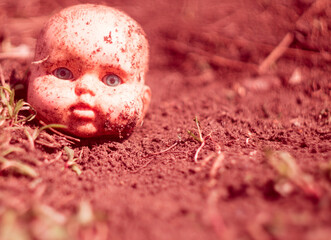 Children doll head with blue eyes lies on ground.