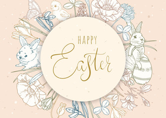 Elegant Easter greeting card. Easter flyer with bunnies, chickens and flowers