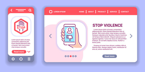 Stop violence web banner and mobile app kit. Harassment, social abuse and bullying. 