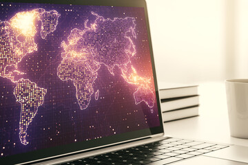 Computer monitor with abstract creative digital world map, globalization concept. 3D Rendering