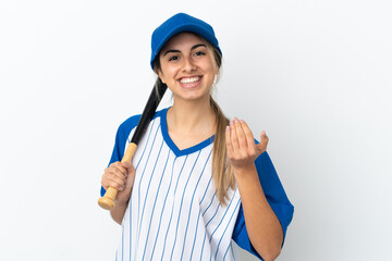 Young caucasian woman isolated on white background playing baseball and inviting to come with hand. Happy that you came