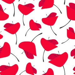 Seamless pattern with red poppy flowers on white background.