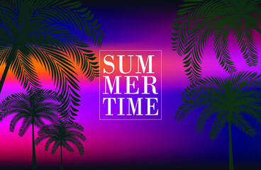 Fototapeta na wymiar Summertime background with handwritten inscription, sun and palm trees. sun glitch. Retro 80s fashion Sci-Fi Background in bright neon colors. Vector