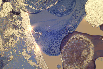 Obraz premium Abstract gold, blue and violet marble texture with sparkles. Vector background in alcohol ink technique. Modern paint with glitter. Template for banner, poster design. Fluid art painting