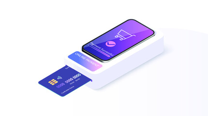 Smartphone payment technology. Isometric mobile phone and internet banking.