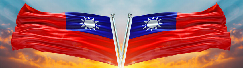 Taiwan flag and Taiwan Flag waving with texture sky Cloud and sunset Double Flag