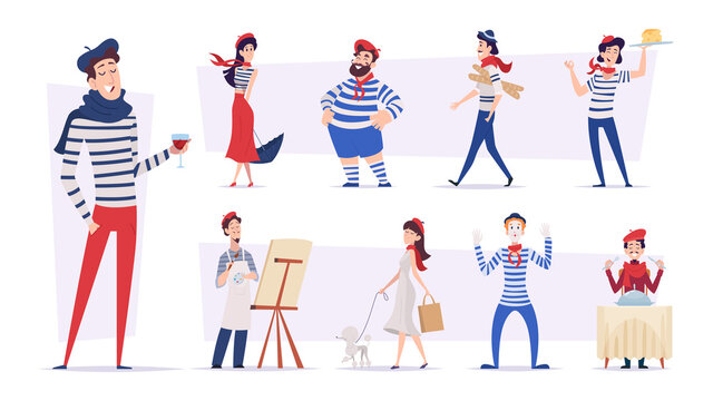 French people. Funny smile characters in various poses national authentic france person exact vector illustrations isolated