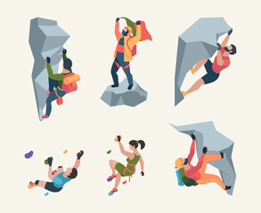 Wall climbers. Mountain rock climbers person sport team people healthy active lifestyle activities garish vector isometric collection - obrazy, fototapety, plakaty