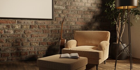 Living Room interior with velvet armchair and lamp and book. 3D rendering