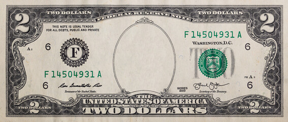 Obverse of 2 US dollar banknote with empty midle area