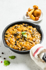 Homemade mushroom gravy in cast iron skillet. Space for text.