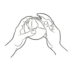 Hands peel an orange by removing the orange peel from the pulp, top view. Vector illustration in sketch style, black and white isolated line art