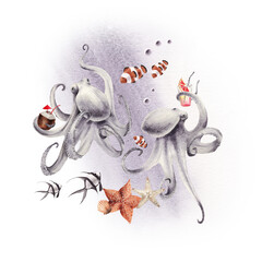 Ocean composition, octopus and sea fish, watercolor illustration