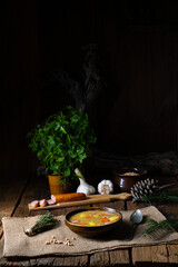 Classic pea soup with sausage and meat