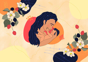 Happy Mother's Day poster without signature. Women with child. Motherhood, botanical illustration. 
