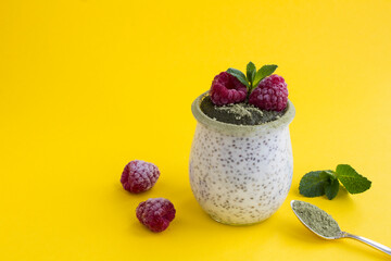 Chia pudding with raspberry and matcha tea in the glass jar on the yellow background. Close-up. Copy space.