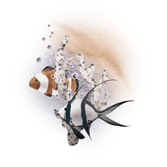 Ocean composition, sea corals and fish, watercolor illustration