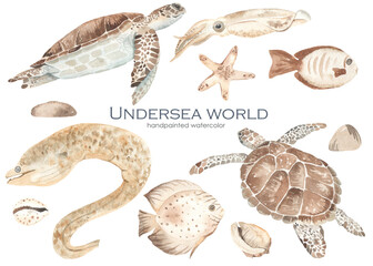 Underwater world watercolor - obrazy, fototapety, plakaty