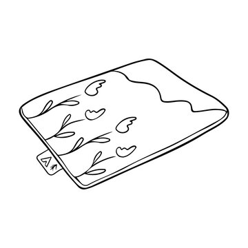 recommend clip art: Picnic blanket line art vector. Portable camping mat with mountain floral print outline. Beach blanket, hiking sleeping bag, mattress black and white illustration 