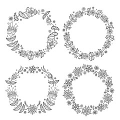 Floral black and white seamless border with floral style. Set of cute decorative elements in the circle frame for wedding invitations and birthday cards