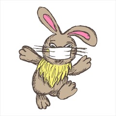 Vector grunge clipart of a cheerful jumping rabbit in a protective face mask. Easter bunny clipart. Holiday concept during coronavirus epidemic