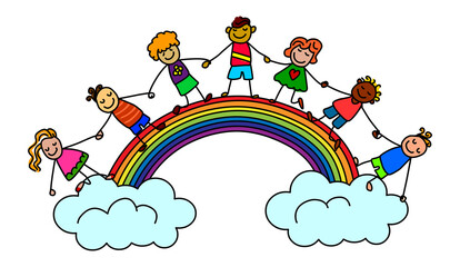 Rainbow kids stick figure cartoon