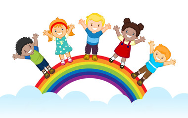 Rainbow kids vector cartoon illustration