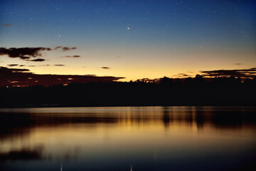 Fototapeta na wymiar night river, night sky with stars, reflection in wate