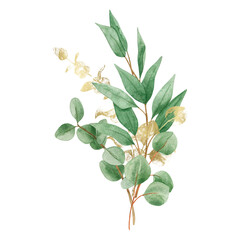 Watercolor bouquet with green and gold Eucalyptus branches and gold line art leaves. Wedding invitations, baby shower, sublimation design, birthday, other concept ideas.