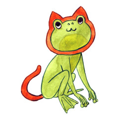 Hand drawn Illustration Cute Frog with cat hat and cat tail on a White Background.
