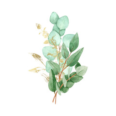 Watercolor bouquet with green and gold Eucalyptus branches and gold line art leaves. Wedding invitations, baby shower, sublimation design, birthday, other concept ideas.