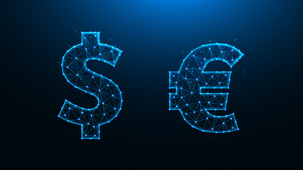 Polygonal vector illustration of the dollar and euro symbols. Dollar and euro made of lines and dots.