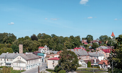 Aerial shot of the city of Talsi during sunny summer day