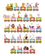 Alphabet train. Cartoon kids color wagons, funny animals and letters, cute zoo abc, vehicle toys, children amusement park. Childish educational poster or cards vector cartoon concept