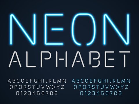 Neon font. Latin fluorescent tubes latin alphabet, glowing blue light letters and numbers, electric types, inert gas radiance, shining gaslights, nightclub signboard vector set