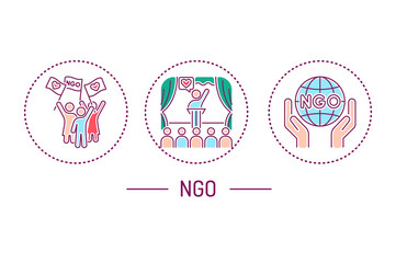 NGO color line icons concept. Non profit community. Charity, humanitarian aid concept. 