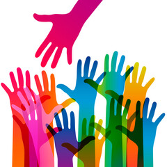 Hands on a light background. Colorful silhouettes arms.  Vector team, help, friendship symbol illustration.