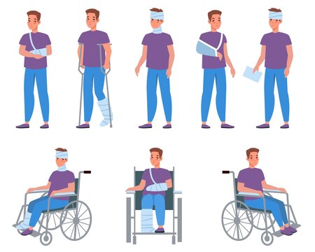 Man with injury. Guy with bandage and plaster, injuries and wounds, arms and legs fractures, medical treatment and fixation of broken bones. Male character on wheelchair vector cartoon set