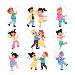Kids pair dancing. Funny young dancers collection, little musical couples, friends beat moving, cute boy and girl listen melody. dance studio and art class vector cartoon isolated set
