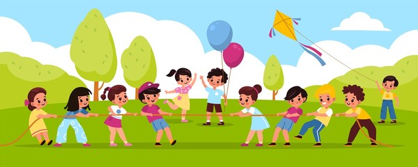 Tug of war outdoor. Outdoor team games, kids pull the rope in park, boy launches kite on green grass, students play compete, equal and counteracting forces. Vector cartoon concept