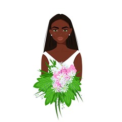 Black girl in white with a bouquet of flowers in her hands, pretty afro woman with makeup, beautiful female avatar, vector illustration in flat style