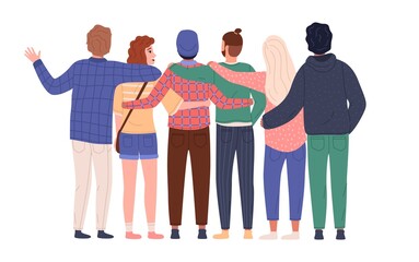 Friend group hugging. Happy young guys and girls stand together in embrace, funny people each others arms in row back view. Good relationship and teamwork. Vector cartoon isolated concept