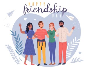 Friendship day. Smiling young friends group, happy hugging people together, women and men social environment, close good relationships. Greeting card or postcard design vector cartoon concept